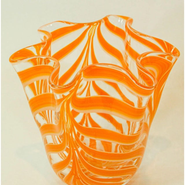 Mid-Century Modern Italian Murano Venetian Vase Orange Swirl Freeform Handkerchief 1970s For Sale - Image 3 of 12