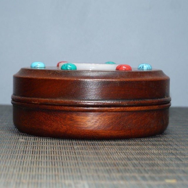Antique Huali Wood Jewelry Box With Carved Jade Center and Turquoise Stones For Sale - Image 4 of 9