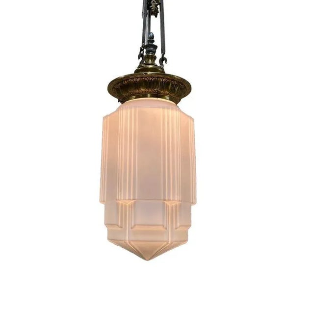Art Deco Art Deco Bronze Electric Ceiling Pendant With Stepped Glass Globe For Sale - Image 3 of 5