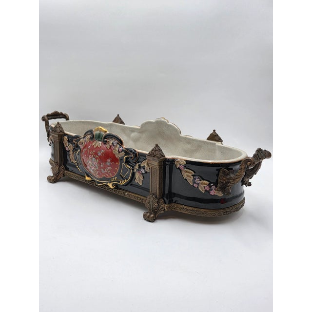 Victorian Antique XL Castilian Porcelain Bronze Bowl Centerpiece Clawfoot Floral Victorian For Sale - Image 3 of 15