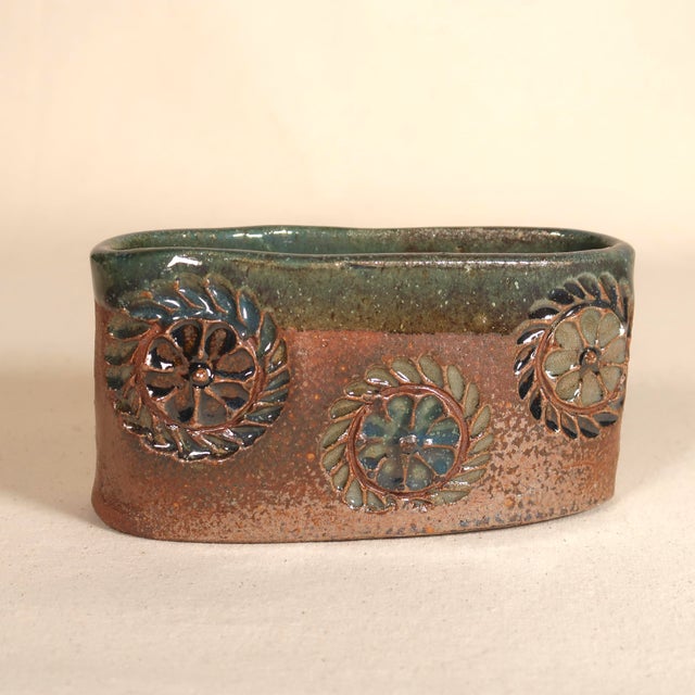 1970s Handcrafted Signed Studio Pottery Floral Relief Ceramic Vessel Cachepot in Earthy Brown & Green Glaze For Sale - Image 11 of 15