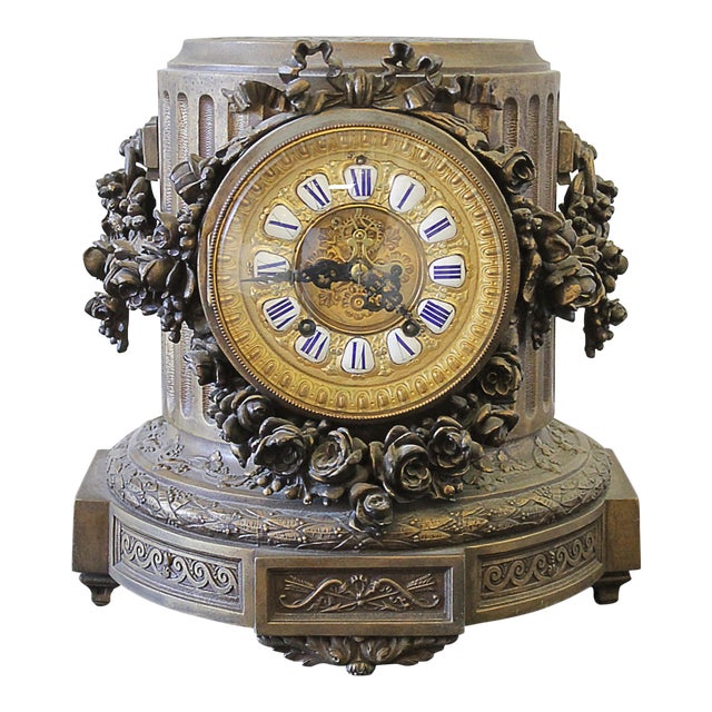 19th Century Gilt Bronze and Rose Swags French Mantle Clock For Sale