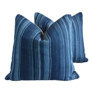 Blue & White Nautical Coastal Beachy Stripe Textile Pillow 19" Square - Pair For Sale