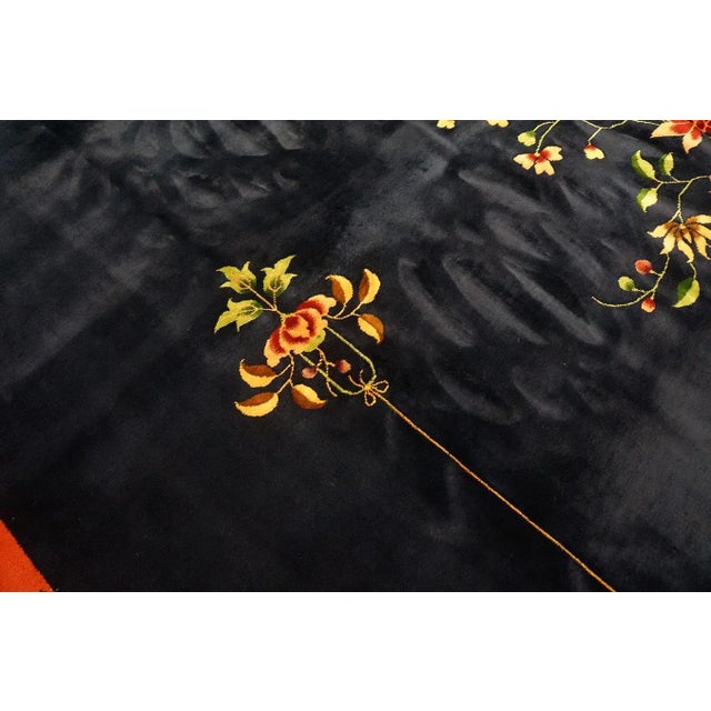 Beautiful Navy Blue and Rust Color Floral Minimalist Pattern Antique Chinese Art Deco Rug For Sale - Image 9 of 13