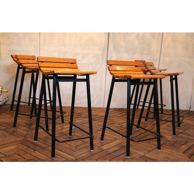 Mid-Century Modern Set of Six Mid-Century Modern Oak & Steel Bar Stools, 1960s For Sale - Image 3 of 18