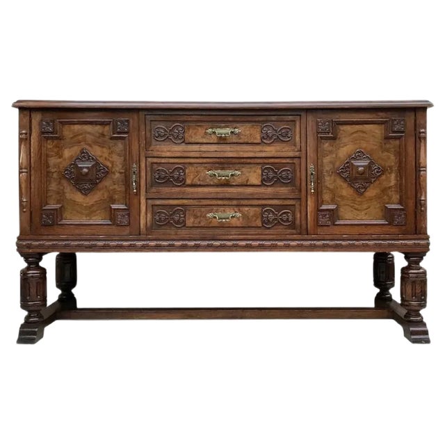 Large 19th Century Catalan Spanish Buffet with Drawers and Mirror Crest For Sale