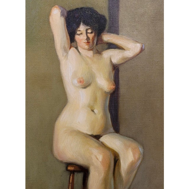 Niels Peter Nielsen- Nude Female at a Bar Stool-1930s Oil Painting For Sale - Image 4 of 9