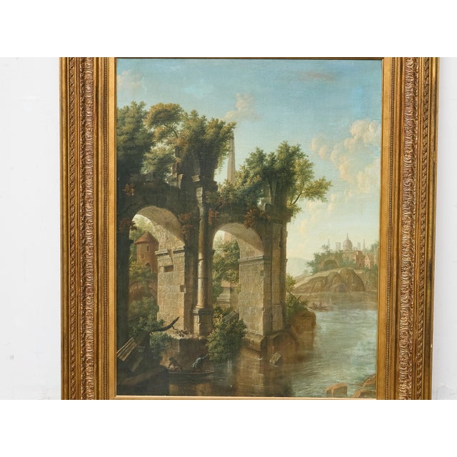 19th-Century Italian Oil on Canvas Classical Landscape with Arch Bridge Ruin For Sale - Image 10 of 12