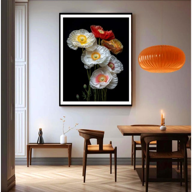 This photograph showcases a bouquet of delicate, vibrant poppies in various shades of white, red, yellow, and pink, set...