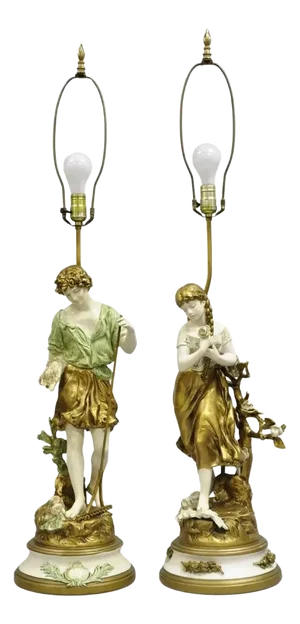 Vintage French Renaissance Moreau Metal Boy and Girl Figural Table Lamp - A Pair