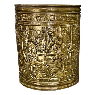 Mid 20th Century Embossed, Brass, DecorativeWaste Basket/ Umbrella Stand, Planter, in a Tavern Scene For Sale