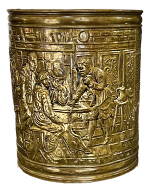 Mid 20th Century Embossed, Brass, DecorativeWaste Basket/ Umbrella Stand, Planter, in a Tavern Scene