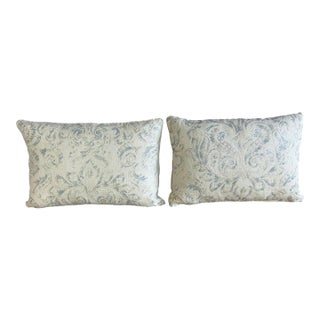 Pair of Custom Printed Linen Lumbar Pillows in Faded Aqua Baroque Damask For Sale