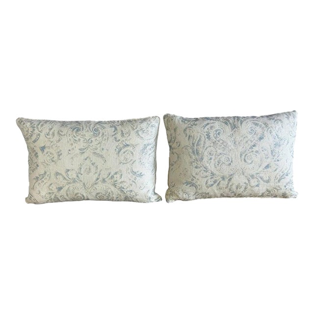 Pair of Custom Printed Linen Lumbar Pillows in Faded Aqua Baroque Damask For Sale