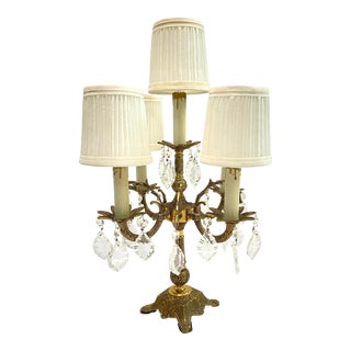 1940s Brass and Crystal Girandole 5 Light Candelabra Lamp For Sale