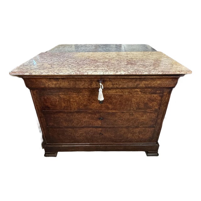 19th Century Louis Philippe Burl Walnut Marble Top Chest of Drawer / Commodes For Sale