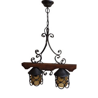 Vintage German Hanging Lamp in Wrought Iron and Stained Birch, 1970s For Sale