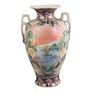 Antique Early 20th Century Asian Nippon Hand Painted Floral Scenic Vase