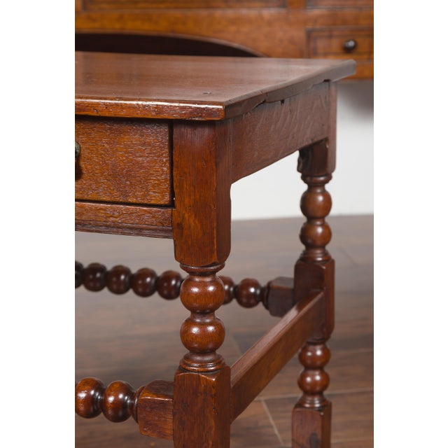 Brown English 1870s Oak Bobbin Leg Side Table with Single Drawer and Stretchers For Sale - Image 8 of 12