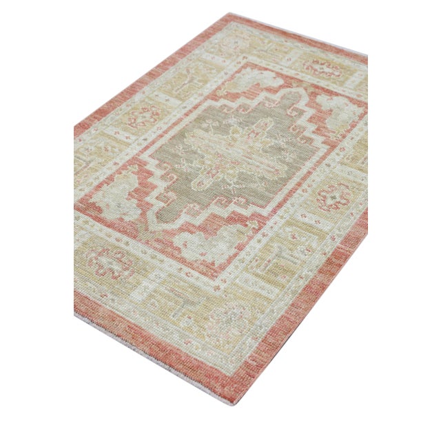 Turkish Oushak Rug Soft Coral & Olive Handwoven Wool Rug 2'11" X 4'3" For Sale In Houston - Image 6 of 9