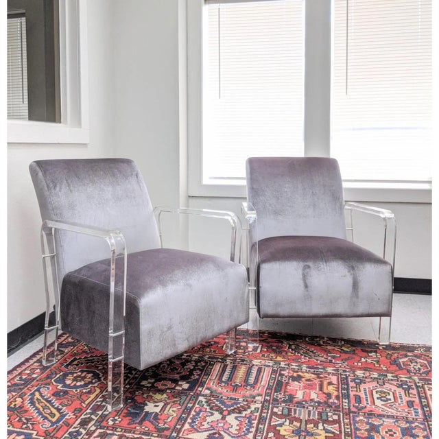 1990s Lucite Velvet Lounge Chairs, a Pair For Sale - Image 5 of 12