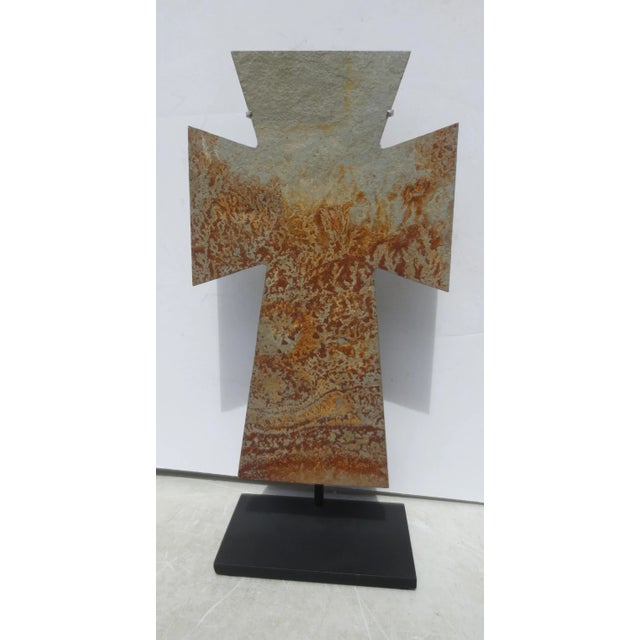 Green Slate Cross mounted on steel museum mount as freestanding art. Celtic or Novgorod style cross cut from grey/ beige...
