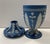 Circa 1780-1820 dark blue jasper ware bough vase by Adams. Six round holes surround a larger central hole in the lid, the...