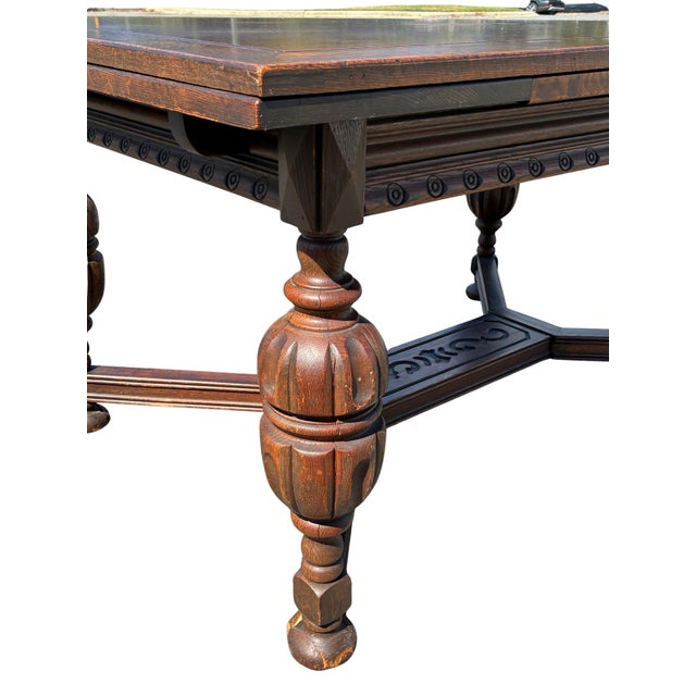 Early 20th Century Jacobean Revival Carved Oak Draw-Leaf Dining Table For Sale - Image 9 of 12