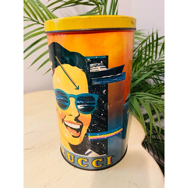 Electric Yellow Vintage 1970s Fiorucci Tin Can Display Pop Art Colorful Fashion Hawaiian Design For Sale - Image 8 of 10