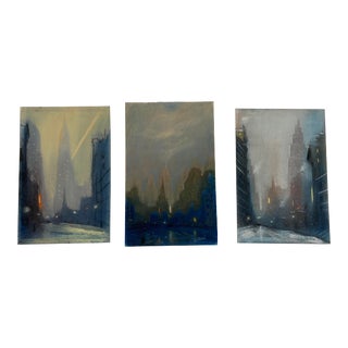 1950s Vintage Original Cityscape Oil Pastels by Leon Dolice - Set of 3 For Sale