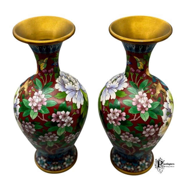Metal Vintage Jingfa Chinese Hollywood Regency Style Cloisonné Brass & Enamel Vases - Pair For Sale - Image 7 of 9