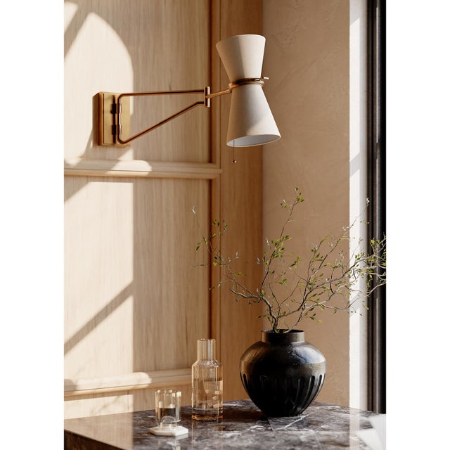 Mid-Century Modern Regina Andrew Gable Swing Arm Sconce, Antique Natural Brass with Oyster Shade For Sale - Image 3 of 8