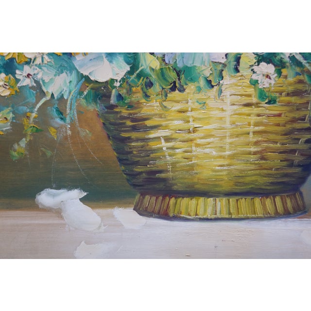 Vintage Impressionist Floral Oil Painting White Roses in Basket Framed 41" For Sale - Image 4 of 10