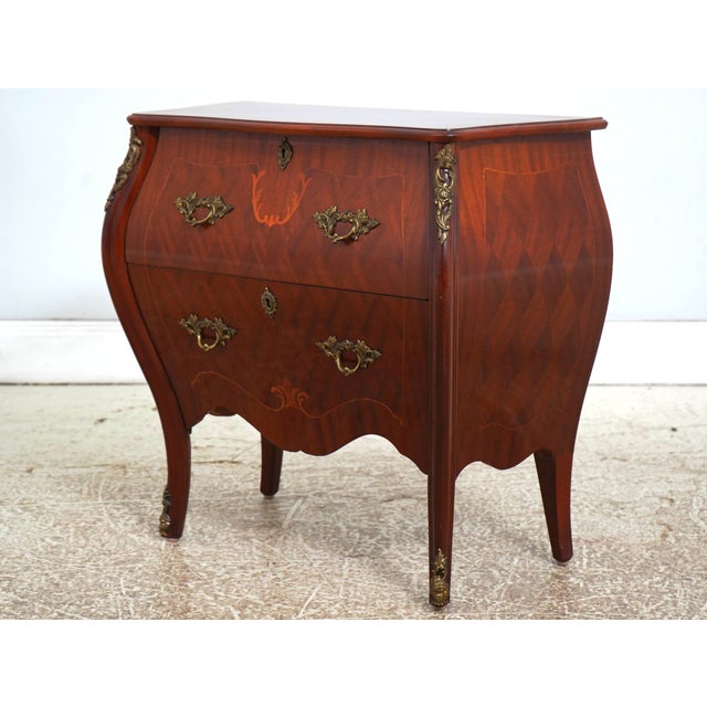 Age: Approx: 60 Years Old Details: Bombe Curved Sides High Quality Construction Nice Inlay Work Throughout Queen Anne Legs...