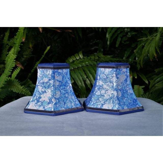 Marbleized Paper Hexagon Bell Frames Candle Clip Sconce Handmade Lampshades - a Pair For Sale - Image 6 of 11