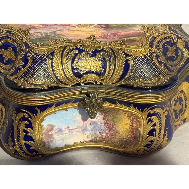 1860s Sevres Rococo Blue Gilt Porcelain Jewelry Box For Sale - Image 12 of 13