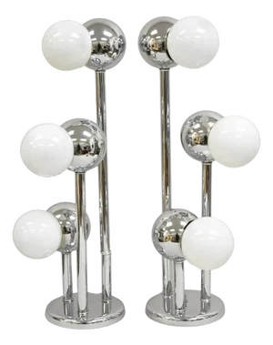 Vintage Mid Century Modern Chrome Ball Space Age 3 Light Table Lamp - A Pair