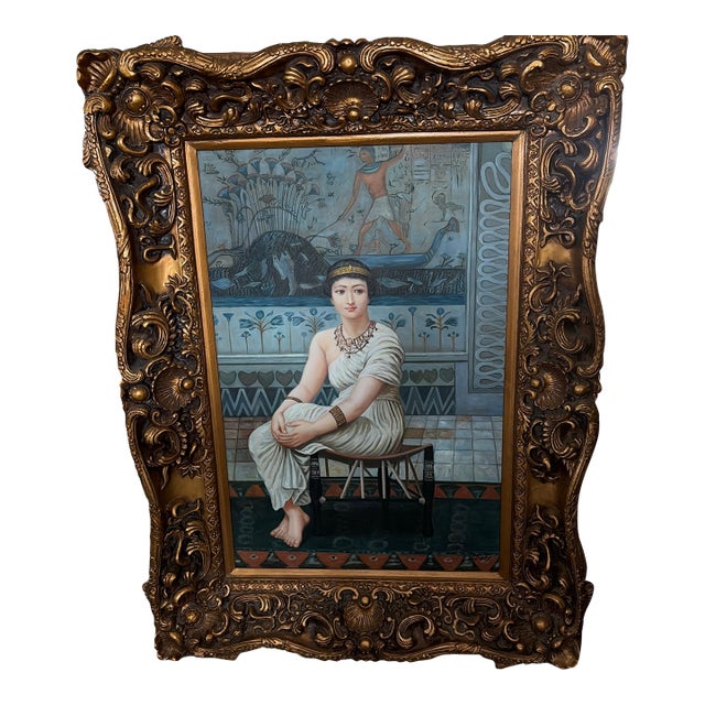 1960s Grand Scale Orientalist Seated Egyptian Woman Painting in Ornate Baroque Gilt Frame For Sale