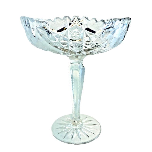 Victorian Early 20th Century American Brilliant Period Cut Glass Etched Floral Crystal Pedestal Compote, Notched Stem For Sale - Image 3 of 8