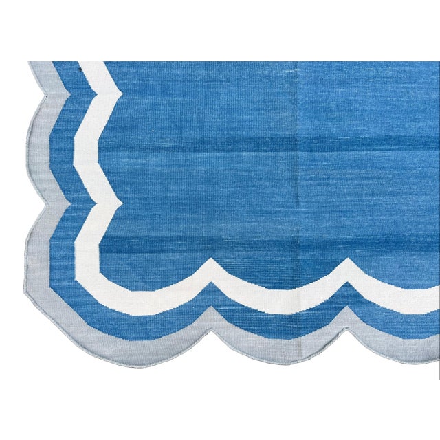 Not Yet Made - Made to Order Handmade Cotton Reversible 4 Sided Scalloped Edge Rug Blue With Cream and Grey Border - 12'x15' For Sale - Image 10 of 11