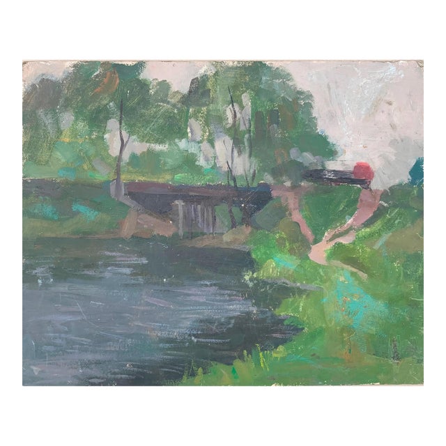 Summer Painting River Rural Landscape Impressionism Antique Oil Painting Original Soviet Art Ukrainian Artist Sokolovsky G. 40-50 1970s For Sale