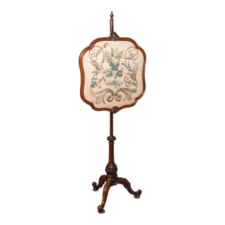 Antique Pole Screen, English, Embroidered Fire Panel, Reflector, Early Victorian For Sale