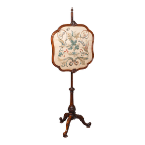 Antique Pole Screen, English, Embroidered Fire Panel, Reflector, Early Victorian