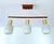 Mid Century Danish modern pendant light featuring a teak wood suspension and 3 opaline glass shades Dimensions: Height 58...
