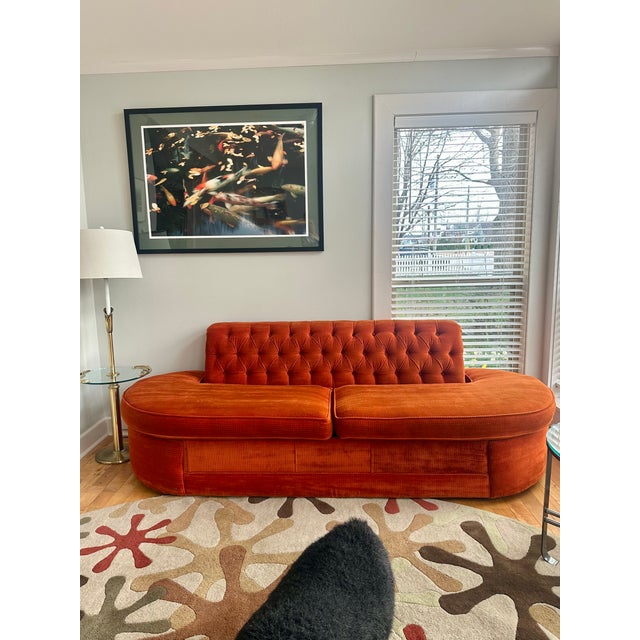 1970s Large Mid Century Orange Velour Tufted Armless Sofa For Sale In Fayetteville, AR - Image 6 of 9