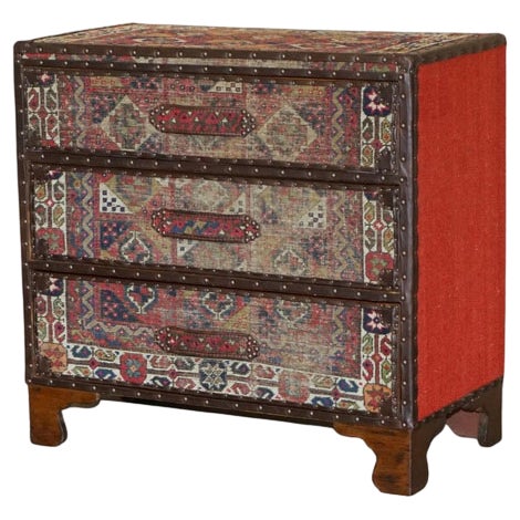Vintage Kilim & Brown Leather Chest of Drawers For Sale