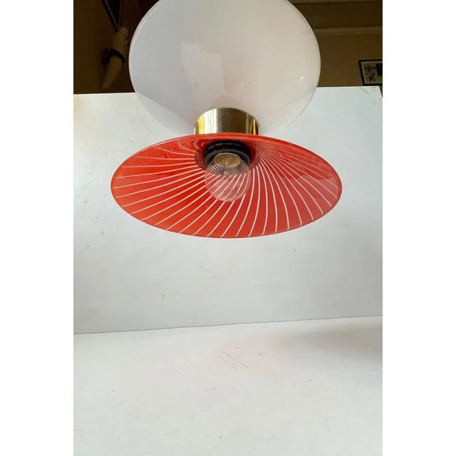 Mid-Century Modern Danish Modernist Diablo Red and White Glass Pendant Light with Brass Disc, 1970s For Sale - Image 3 of 7