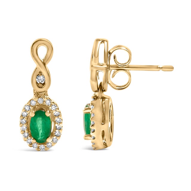 Contemporary 10K Yellow Gold Oval Cut Green Emerald 5x3 mm and 1/7 Cttw Round Diamond Dangle Earrings For Sale - Image 3 of 5