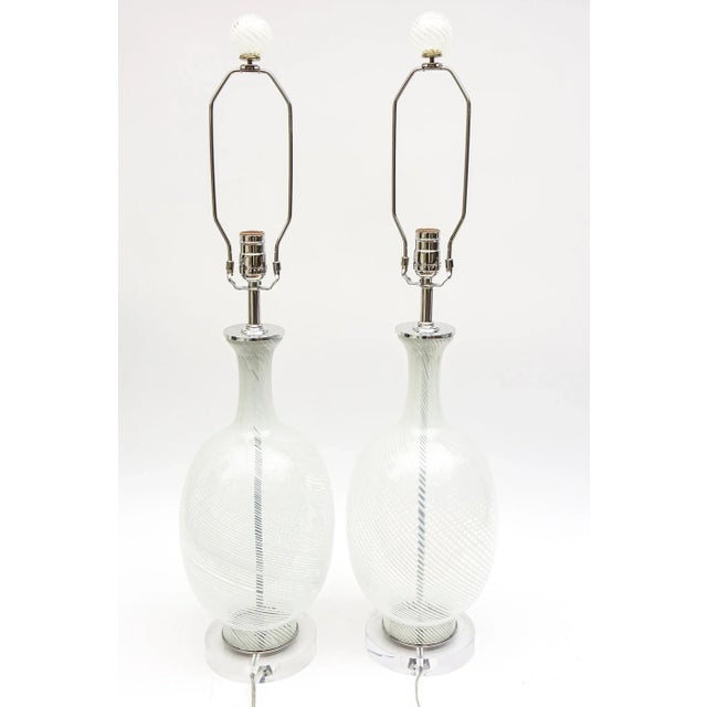 Vintage 60's Murano Aureliano Toso White Swirl and Chrome Glass Lamps With Original Glass Finials Pair Of For Sale - Image 9 of 9