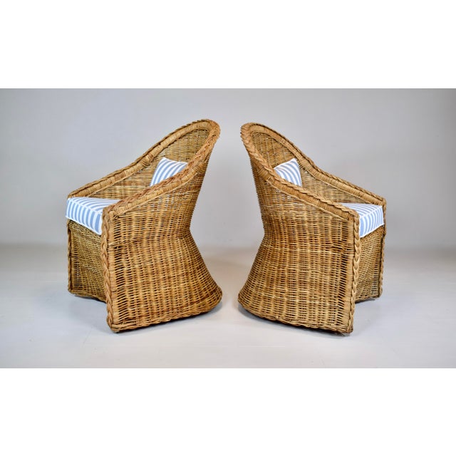 Coastal Braided Wicker Rattan Chairs After Michael Taylor Blue & White Stripes Upholstery For Sale In Philadelphia - Image 6 of 13